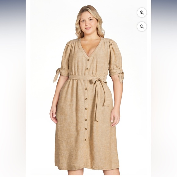 Time & Tru Tan Tie-Sleeve Linen Blend Midi Dress - Picture 2 of 8